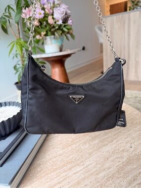 PRADA re-edition — Black Nylon Chain-Shoulder Mini Bag, strap and pouch included